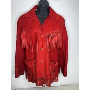 Vintage Corral Sportswear Jo Kay Western Red Suede Fringed Jacket Tag Size 14